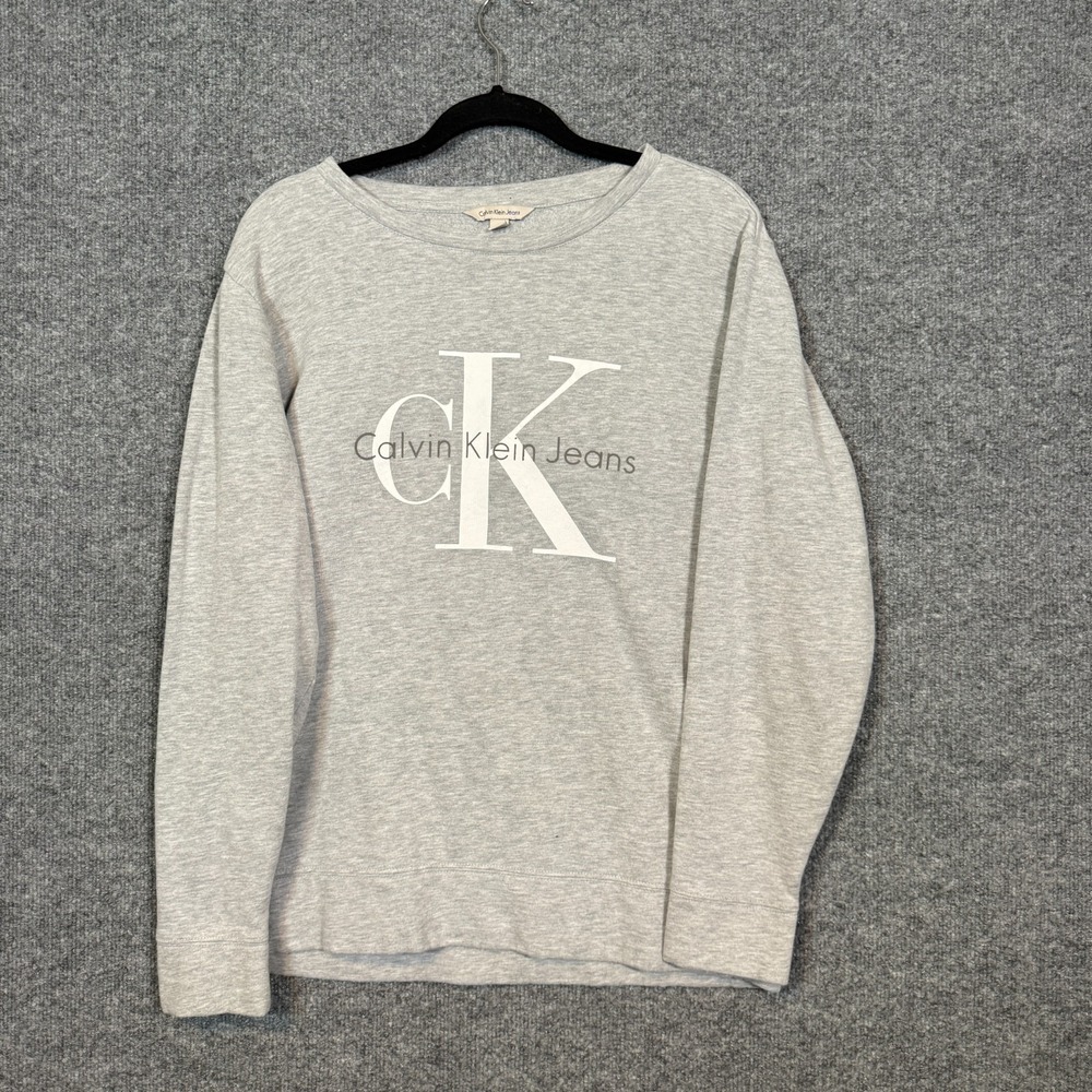 Calvin Klein Sweater Mens Medium Gray Pullover Fleece Sweatshirt Big Logo Casual